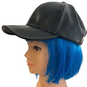 C. C Black Pleather Ponytail Cap 100% PU Leather Vegan Adjustable Hat
